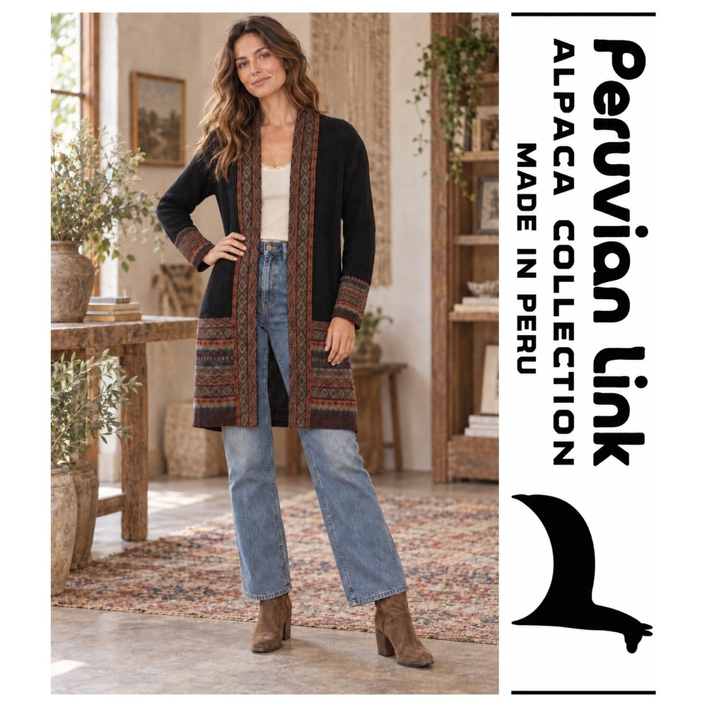 Peruvian Link Alpaca Collection Open Front Black 100% Alpaca Cardigan Sweater M